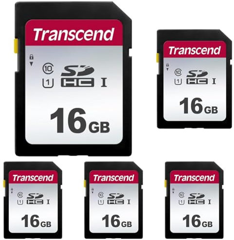 Transcend TS16GSDC300S-E Tarjeta SD de 16 GB, SDHC, Clase 10, U1, Velocidad de Lectura hasta 95 MB/s – Paquete abrefácil (Paquete de 5)