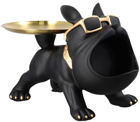 Bandeja decorativa de bulldog francés, estatuas de bulldog negro, Decoración de bulldog francés con cuenco para llaves para mesa de entrada, Estatua de bandeja de bulldog cuenco para llaves de perro