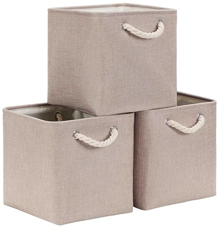 Mangata Boîtes de rangement Cube 25x25x25cm, Kaki Clair, 3Pcs | Panier de rangement repliable pour armoires et étagères | Organisateur textile