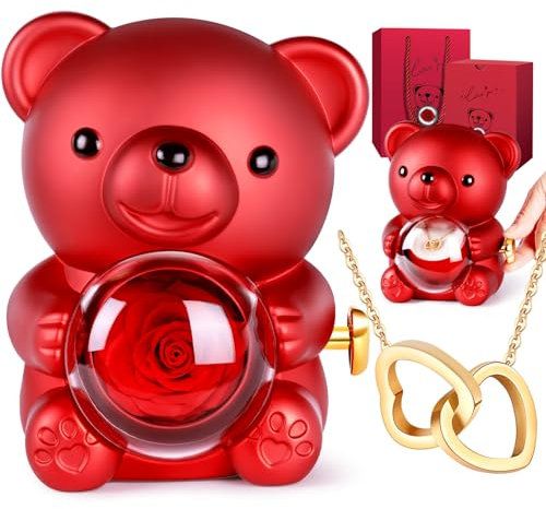 Ours Rose Eternelle avec Bijoux Cachée, Ourson avec Rose Eternel, Cadeau Saint Valentin pour Femme, Cadeau Anniversaire Femme, Idées Cadeaux Noël et Fête des Mères pour Maman, Fleur Eternelle Ours
