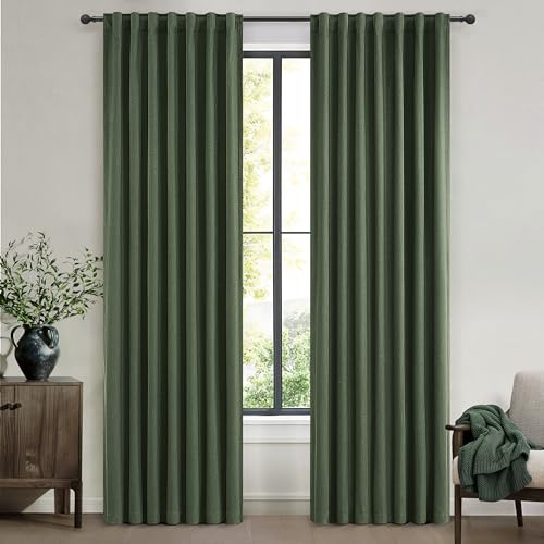 QJmydeco Dunkelgrüne Vorhänge, 213 cm lang, Verdunkelungsvorhänge für Wohnzimmer, kühlend, wärmereflektierend, Leinenoptik, Vintage-Vorhänge für Schlafzimmer, Rückenlasche plissiert, Olivgrün, 2