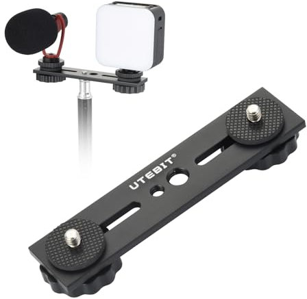 UTEBIT 5in Support De Flash Double, Rail De Flash En Aluminium Avec Vis 1/4 Et 3/8, Support De Flash Pour Appareil Photo Avec Double Griffe Pour Appareil Photo DSLR, Lumière LED