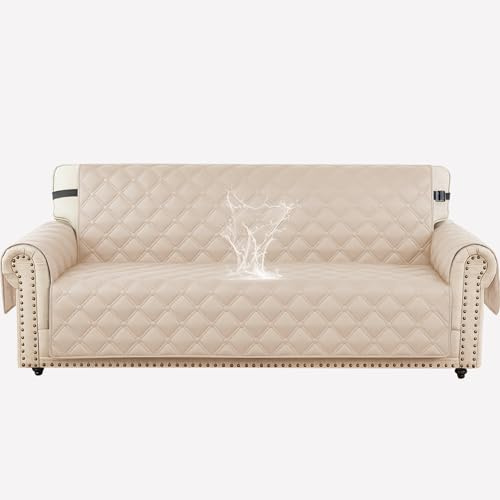 Ystyle Wasserdicht Sofa Überzug 3 Sitzer, Gesteppte Sofabezug Mit Seitentaschen, Wohnzimmer Antirutsch Waschbar Sofaschoner, Couch Überzug Kratzfest Für Haustiere Hunde Katzen, Beige