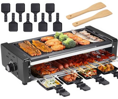 Raclette Grill Electric - Nonstick Indoor Electric Griddle with 8 Mini Pans and 2 Wooden Spatulas - Smokeless BBQ Grill for Cheese Dishes Cooking Party