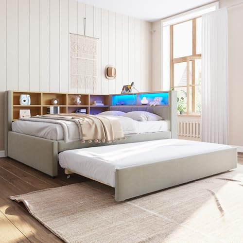 sofá Cama con Cama Nido con Luces LED enchufes y Muchos Compartimentos de Almacenamiento Cama tapizada para Adultos Juvenil Cama de Invitados sin colchón Gris Claro 140x200 cm