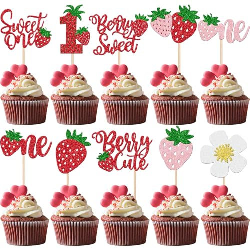30 Stück Sweet One Cupcake Topper with Glittery Strawberries, Cake Decorations for 1st Birthday Party, Baby Shower and Kids' Celebrations