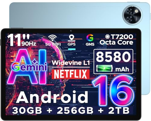 DOOGEE U11 Pro Android 16 Tablet 11 Zoll, 30GB RAM+256GB ROM (2TB TF) Gemini AI, 8580mAh, 90Hz Display, Unisoc T7200 Octa Core Tablet PC, 13MP+5MP, WiFi 5/Widevine L1/ GPS/Face ID/OTG [2026]