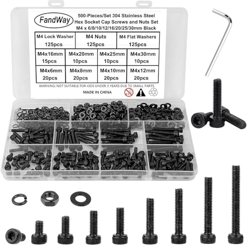 FandWay M4 Schrauben Set,500 Stk Zylinderschrauben mit Innensechskant,Sechskantschrauben Edelstahl 304 Schwarz Epoxid,Sechskopf Gewindeschrauben,Maschinenschrauben Muttern und Unterlegscheiben Set.