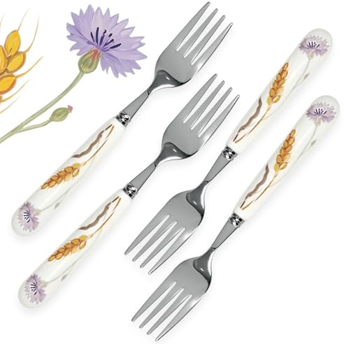MEIYAHOME 20CM 8INCH Dinner Fork Cornflower Purple Flower & Wheat Ode Series，Smooth Polishing White Ceramic Handle，Whispers Of Wheat ，Pastoral Steak Fork (4 Pcs)