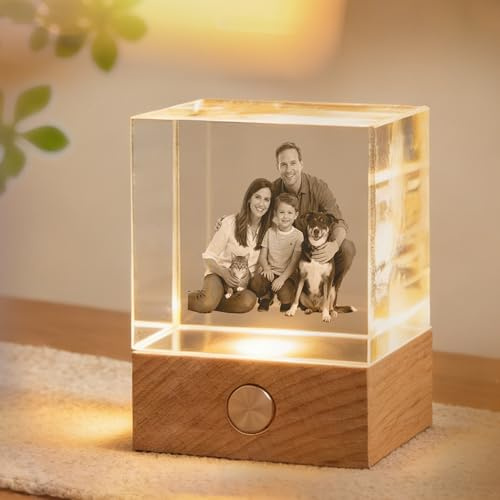 Personalized 3D Crystal Photo Cube, 3D Crystal Photoes Cube with Colorful LED Light Wooden Base, Custom Engraved Glass Decoration Block, Gratitude Gift for Family, Teachers, Friends, Girlfriend