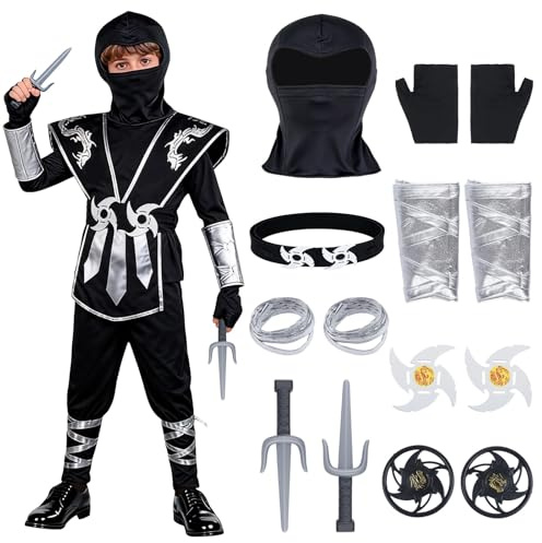 Kitimi Costume Ninja Bambino Completo con Accessori da Ninja, Ninjago Costumi Creativo Adatto Costume Carnevale Ragazzo Cosplay Vestito Ninja Bambino per Carnevale Feste in Maschera Tema Party Natale