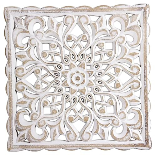 BEAHING Wanddekoration aus Holz mit Blumenmuster, hohl, geschnitzt, Mandala, Wandkunst, Vintage-Weiß, dekorativ, 30, 5 x 30, 5 x 0, cm, zum Aufhängen, für Flur, Schlafzimmer, Wohnzimmer