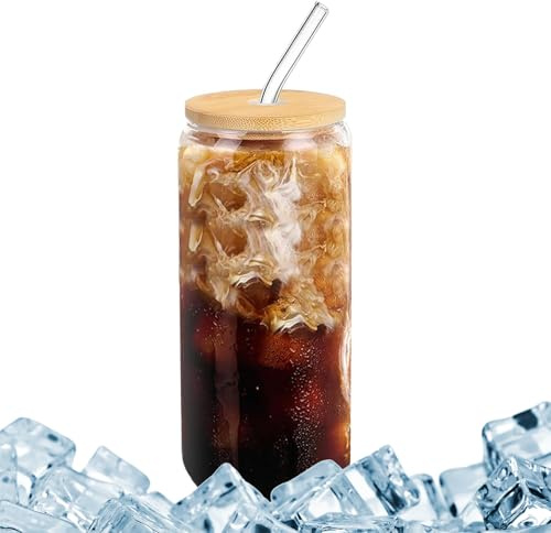 Gobelet en verre réutilisable de 16 oz – Récipient en verre résistant à la chaleur avec paille, tasse idéale pour le café, les boissons glacées, le latte, le jus, le thé, le whisky et la limonade