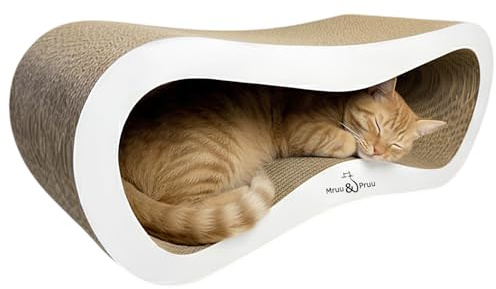 Mruu&Pruu Katzenkratzbaum Kratzpappe Leon XXL – beidseitiges Kratzbrett für Katzen, Katzenliege & Kratzbaum für große Katzen bis 25 kg, Katzenkratzer Handmade in EU, 78×28×24cm (Weiß)