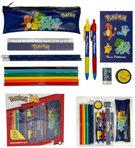 Pokémon Offizielles Schreibwaren-Set mit Stiftehalter, Notizbuch, 5 Buntstifte, 2 HB-Bleistifte, 2 Kugelschreiber, Radiergummi, Anspitzer und Lineal 15 cm – Schulset für Kinder – Geschenkidee
