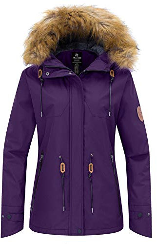 Wantdo Damen Wasserdicht Skijacke Winddichter Outdoor Sport M?ntel Berg Snowboardjacken Gefüttert Jacke mit Kunstpelzhaube Lila XL