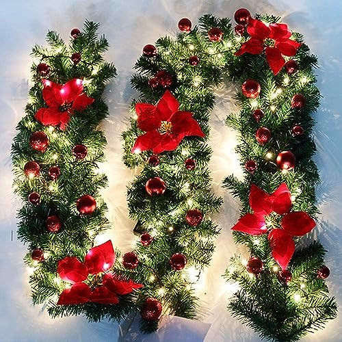 bennyuesdfd 2.7M Decorated Garland Illuminated with Lights Christmas Decoration Xmas Garland for Fireplace Stairs Red Baubles Flowers Xmas Tree Decoration