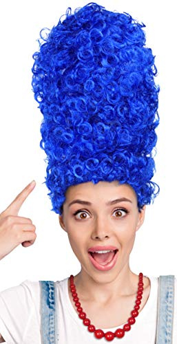 Balinco Blaue Cartoon Perücke & Rote Perlenkette – Lustiges Faschings-Set – Lockige Turmperücke Blau, Vertikale Lockenperücke XXL, 100% Polyester, One Size