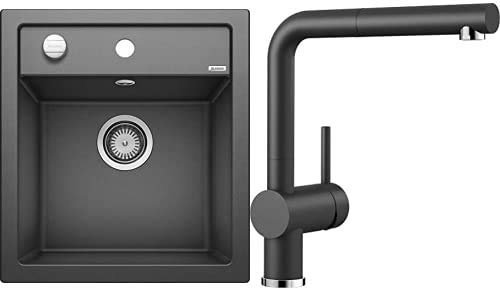 BLANCO Spül-Set in anthrazit – DALAGO 45 – Spülbecken für 45 cm Unterschränke – Granitspüle aus SILGRANIT + LINUS-S – Küchenarmatur in SILGRANIT-Look – mit herausziehbarem Auslauf