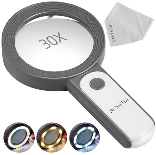 BUSATIA Loupe 30X, Grande Loupe avec 18 LED, Loupe de Poche Portatif, Loupe en Verre 100mm avec 3 Modes, Loupe Éclairé pour Lecture Loisirs - avec Un Chiffon à Lentille (Blanc + Gris)