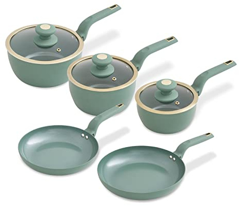 Tower T800232JDE Cavaletto 5 Piece Cookware Pan Set with 16cm, 18cm, 20cm Saucepans and 24cm, 28cm Non-Stick Frying Pans, Jade Green & Champagne Gold