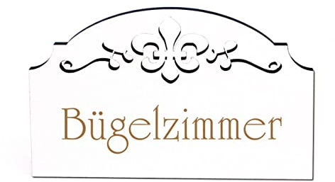 Bügelzimmer Bügeln Türschild Schild Holz graviert Ornamente selbstklebend Vintage Türdeko 15,5 x 9,5 cm