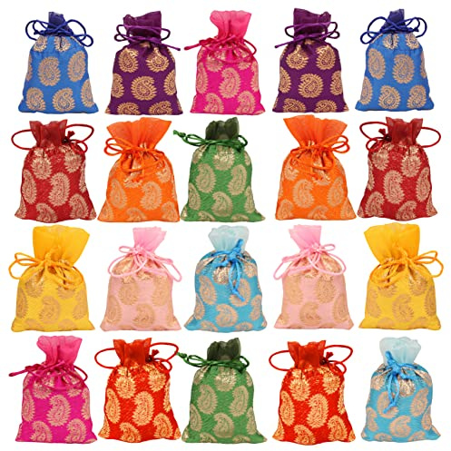 Touchstone Tradizionale Indiano Splendido Broccato Sintetico Bordo Fantasia Gioielli Distribuzione Matrimonio Regalo Gioielli Festa Nuziale Bomboniere Coulisse Borse Potli Set Di 3 Per Donne