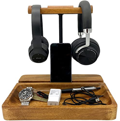 Wrightmart Dual Headphone Stand, Solid Acacia Wood Headset Holder for 2 Headphones, Cell Phone & Tablet, Desk Organizer Tray for iPhone, iPad, Bose, Sony, Beats, Sennheiser, Gaming & Office Desk Setup