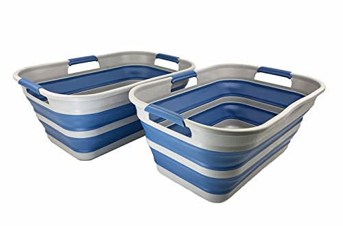 SAMMART 21L zusammenklappbarer Kunststoff-Aufbewahrungskorb – faltbarer Pop-Up-Aufbewahrungsbehälter/Organizer – tragbare Waschwanne – platzsparender Wäschekorb/Korb (Grau/Nebelblau (2er-Set))