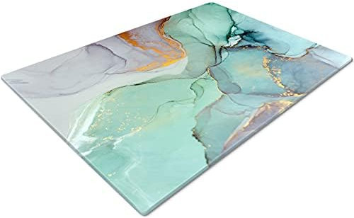 Glass Chopping Board | Non Slip Worktop Saver for Kitchen | Marble Effect Teal White Gold (40x30cm)