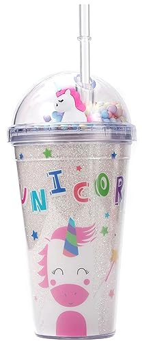 Forreen Becher mit Strohhalm und Deckel, 450ML Kunststoffbecher Wiederverwendbar Doppelwandiger Plastik Einhorn Trinkbecher für Kinder Erwachsene