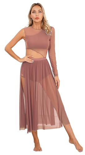 Jowowha Damen Lyrisch Tanzkleid Ballettkleid Langarm Eiskunstlauf Kleid mit Mesh Rock Modern Contemporary Latein Tanzkleid A Altrosa S
