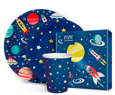 PAW - Set Compleanno per 16 Persone - 68 Elementi Stoviglie Monouso - 20 Tovaglioli, 32 Piatti, 16 Bicchieri di Carta - Tema Spazio