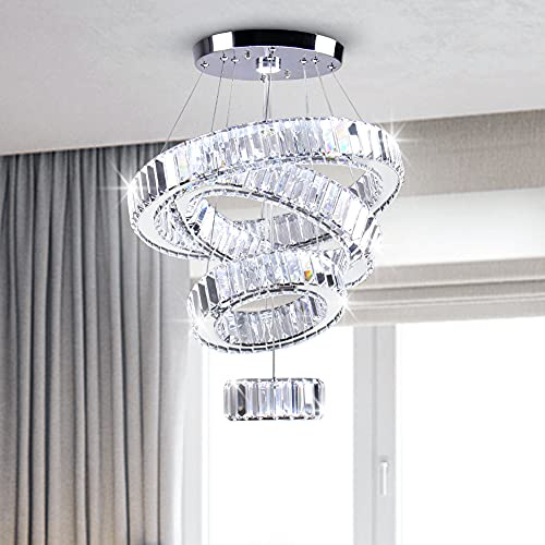 FRIXCHUR Lampadario a LED in cristallo ad alta luminosità 4 anelli regolabile in acciaio inox lampada a sospensione lampadario per camera da letto soggiorno sala da pranzo scorrevole 5.9-9.8 -13.8…