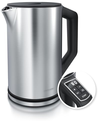 Arendo - Edelstahl Wasserkocher mit Temperatureinstellung 40-100 Grad in 5er Schritten - Doppelwand Design - Modell ELEGANT - 1,5 Liter - 2200 W - Teekocher mit Temperaturanzeige - GS - SIlber