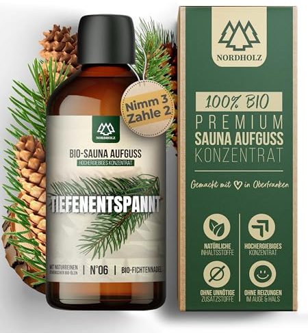 NORDHOLZ® Saunaaufguss BIO #6 Tiefenentspannt intensiv & authentisch [100% Naturreine Bio Öle] Sauna Aufguss Konzentrat mit Fichtennadel - Manufaktur aus Bayern