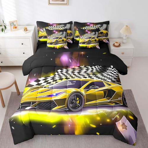 Feelyou Bettwäsche-Set mit gelbem Rennwagen, 7-teilig, volle Größe, Extremsport-Bettwäsche-Set mit Bettlaken für Kinder, Jungen, Mädchen, Teenager, Kleinkinder, schnell und wütend in einer Tasche,