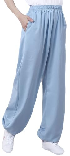 Cotton and Linen Tai Chi Pants for Men Women Training Elastic Belt Kung Fu Trousers Martial Arts Bottoms (Blue, XS)
