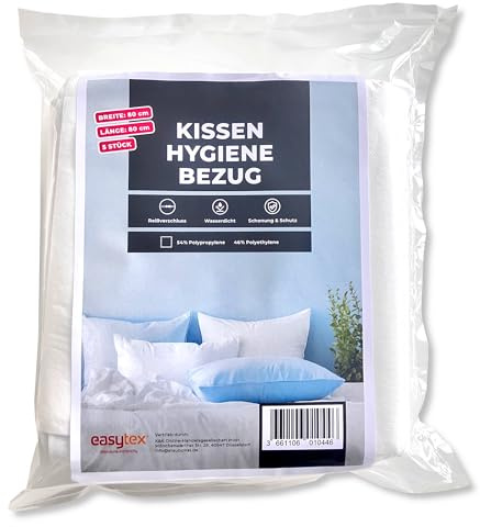 Easytex Kissenbezug, wasserdichter Schonbezug mit Reißverschluss, für persönliche Behaglichkeit bei Übernachtung in Hotel, airbnb, Hostel, Ferienwohnung, Kissenschoner – Set, 5 Stück (80 x 80 cm)