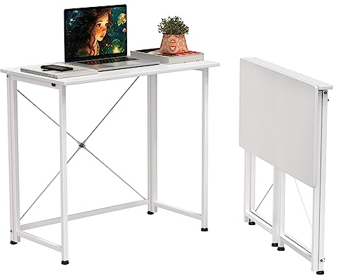 EXSELTMAN Scrivania Pieghevole, Scrivania Salvaspazio, Scrivania Bianca, Struttura in Metallo, Stabile e Salvaspazio, Scrivania Moderna e Semplice per l'ufficio di Casa 80x45.5x74 cm