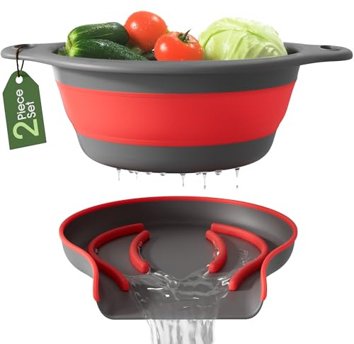 Gevoli Strainer with Self-Draining Base (5QT) Over-Sink Collapsible Kitchen Colander Set with Side-Drain Base for Pasta Vegetables and Fruit, XL Large Capacity, Dishwasher Safe (5-Quart) Red/Gray