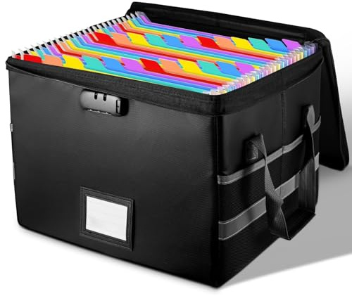 Viitech Fireproof Document Box with Lock, Waterproof Collapsible File Boxs with Handle and Zipper, Portable Home Office File Boxs for Hanging Letter/Legal Folder