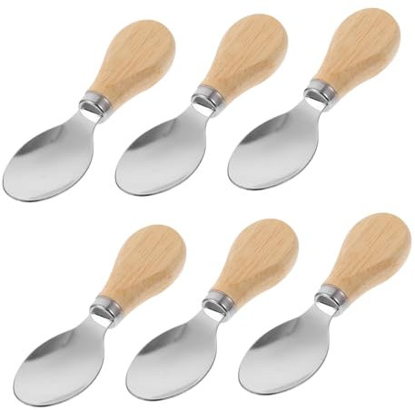 KICHOUSE 6pcs Kitchen Spoons Short Handle Cheese Spoons Wood Handle Stainless Steel Scoops for Butter Soup Kitchen Restaurant Hotel
