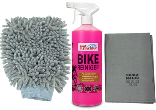 PASTACLEAN Fahrrad Reinigungsset, Bike Cleaner Pflegeset (Grau) 1x Fahrradreiniger 1000ml + 1x Waschhandschuh + 1x Micro Magic Poliertuch