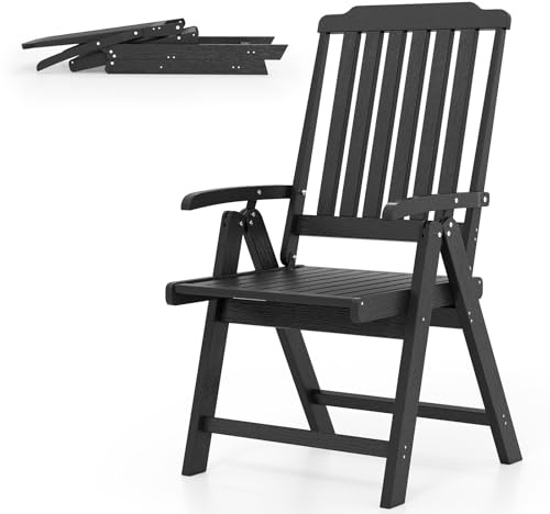 KOMFOTTEU Klappstuhl aus HDPE, Gartenstuhl mit Armlehnen, gebogener Rückenlehne & Lattensitz, Balkonstuhl bis 150 kg belastbar, Terrassenstuhl für Esszimmer, Balkon, Hof (Schwarz)