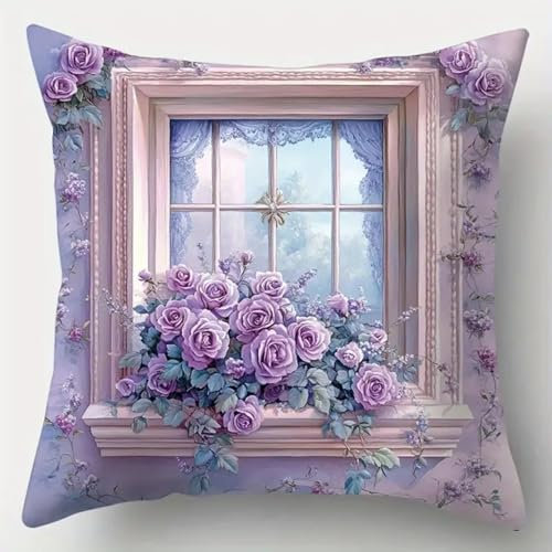 ANSIWEIGO Kit Point Noué Coussin,Canevas à Nouer 43x43 cm,Activité DIY pour Débutants, Enfants et Adultes,Décoration Maison et Cadeau Fait Main,Rose violette