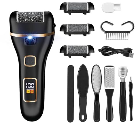 Flintronic Rapeuse Pieds Electrique, Kit de Pédicure Anti-callosités avec 3 Rouleaux de Rechange, Râpe Ponceuse Pieds Rechargeable 1200 mAh, Étanche IPX4, avec Affichage LED et Lumière - Noir