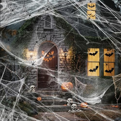 YORFULL Decorazioni di Halloween Ragnatela 100 g con 20 Ragni di Plastica, Ragnatela Estensibile per Decorazioni di Halloween per Interno ed Esterno, Decorazione per Casa Stregata, Horror da Giardino