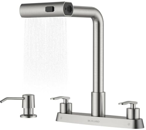 BLYLUND Waterfall 4 Hole Kitchen Faucet, Stainless Steel 3 Modes Waterfall Faucet with Soap Dispenser Two-Handle Multifunctional Sink Faucets with Sprayer, Pull Down Kitchen Faucet(Brushed Nickel)
