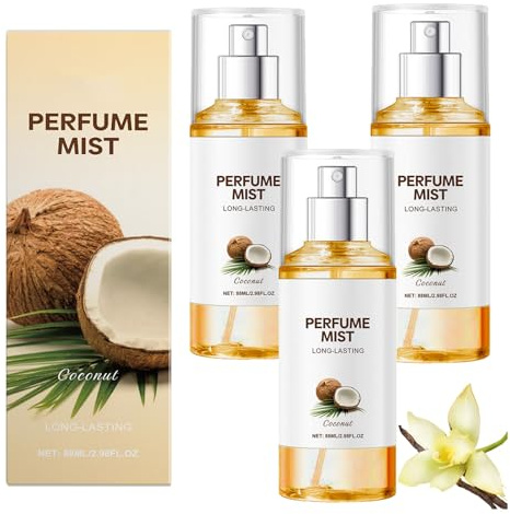 Spray Parfum Femme Noix de Coco, Parfum Longue Durée, Texture Légère, Fraîcheur et Douceur, Huiles Essentielles pour Cheveux et Corps, Spray Corps, Parfum Charmant, Pour Tous Les Temps (3pcs)